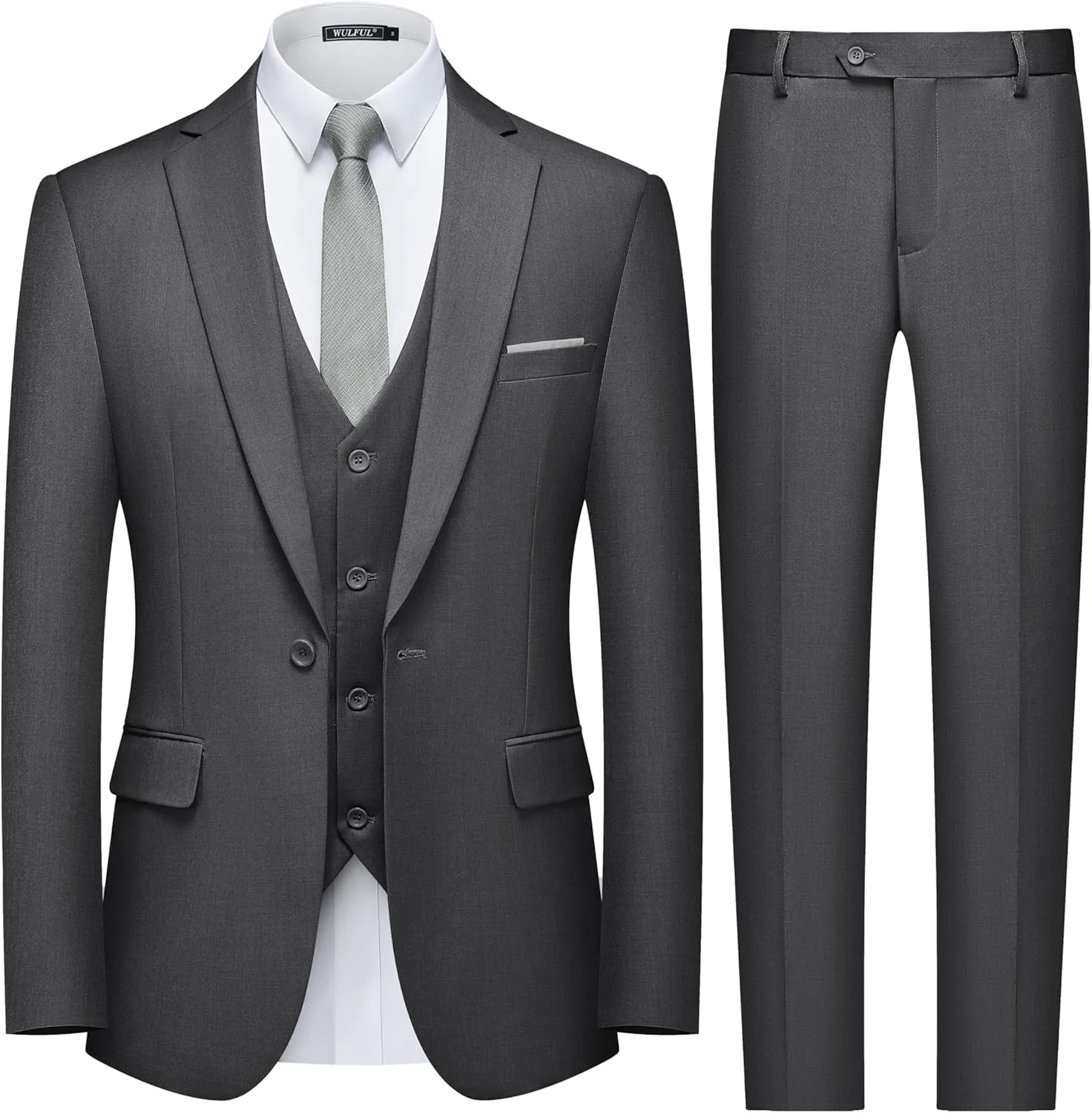 WULFUL Men's Slim Fit 3 Piece Suit, One Button Solid Blazer Business Party Jacket Vest Pants Set
