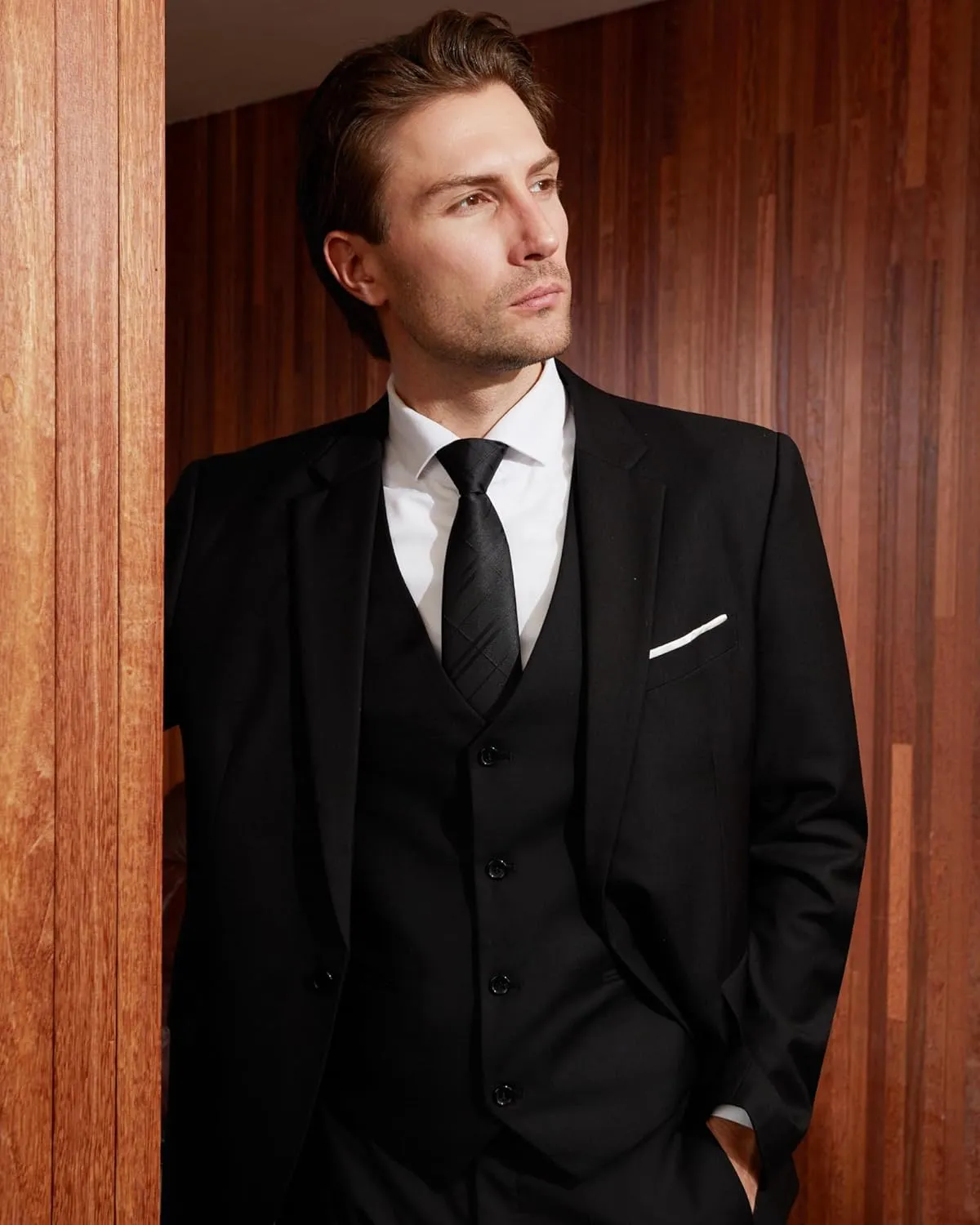 WULFUL Men's Slim Fit 3 Piece Suit, One Button Solid Blazer Business Party Jacket Vest Pants Set