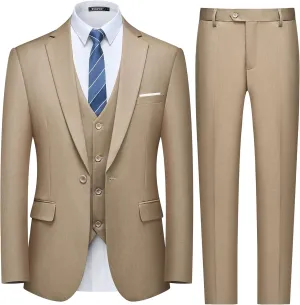 WULFUL Men's Slim Fit 3 Piece Suit, One Button Solid Blazer Business Party Jacket Vest Pants Set
