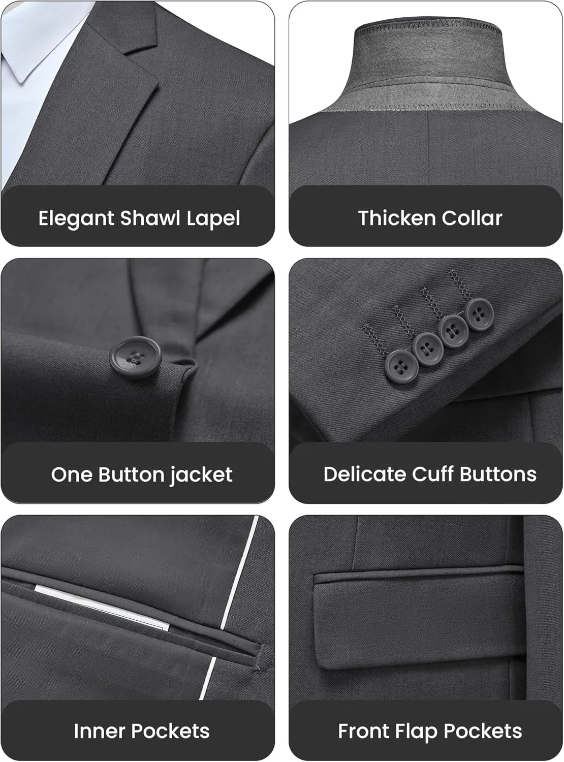 WULFUL Men's Slim Fit 3 Piece Suit, One Button Solid Blazer Business Party Jacket Vest Pants Set