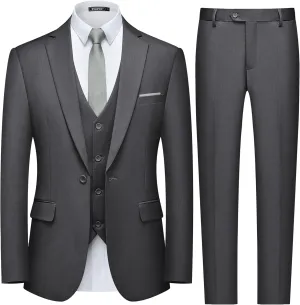 WULFUL Men's Slim Fit 3 Piece Suit, One Button Solid Blazer Business Party Jacket Vest Pants Set
