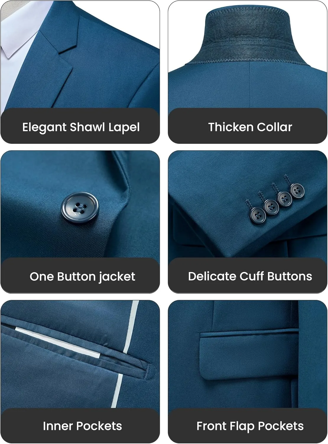 WULFUL Men's Slim Fit 3 Piece Suit, One Button Solid Blazer Business Party Jacket Vest Pants Set