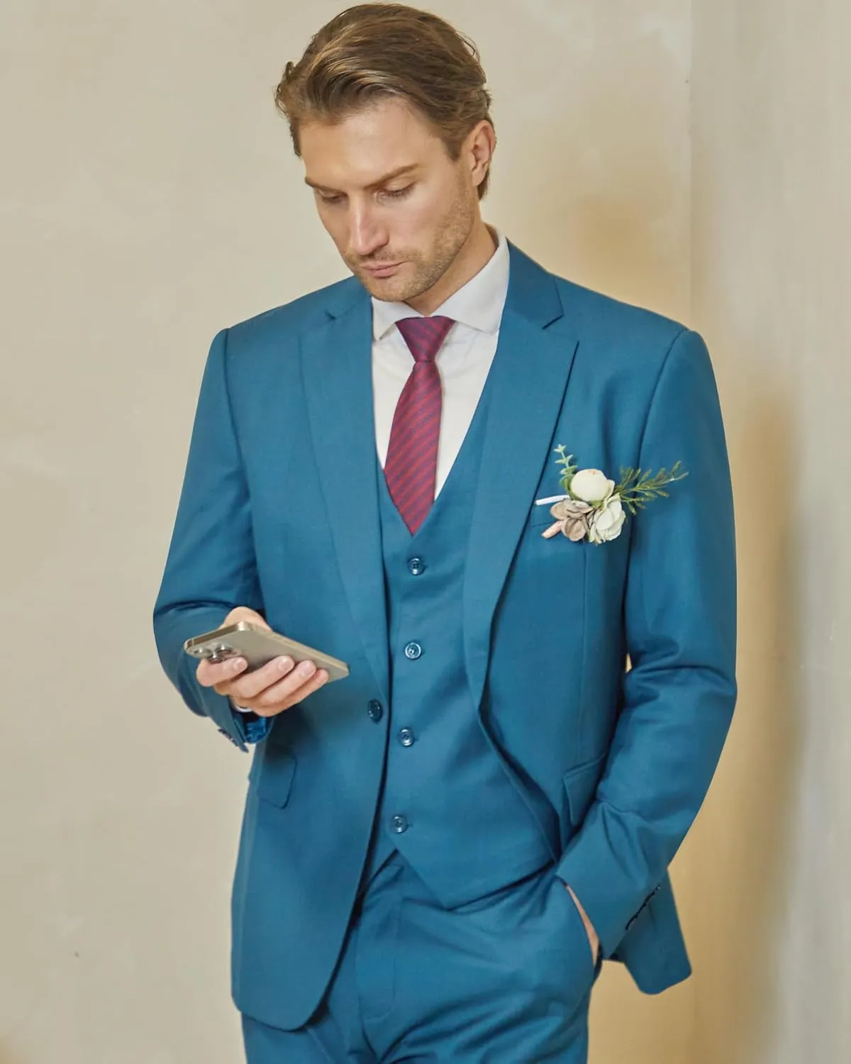 WULFUL Men's Slim Fit 3 Piece Suit, One Button Solid Blazer Business Party Jacket Vest Pants Set