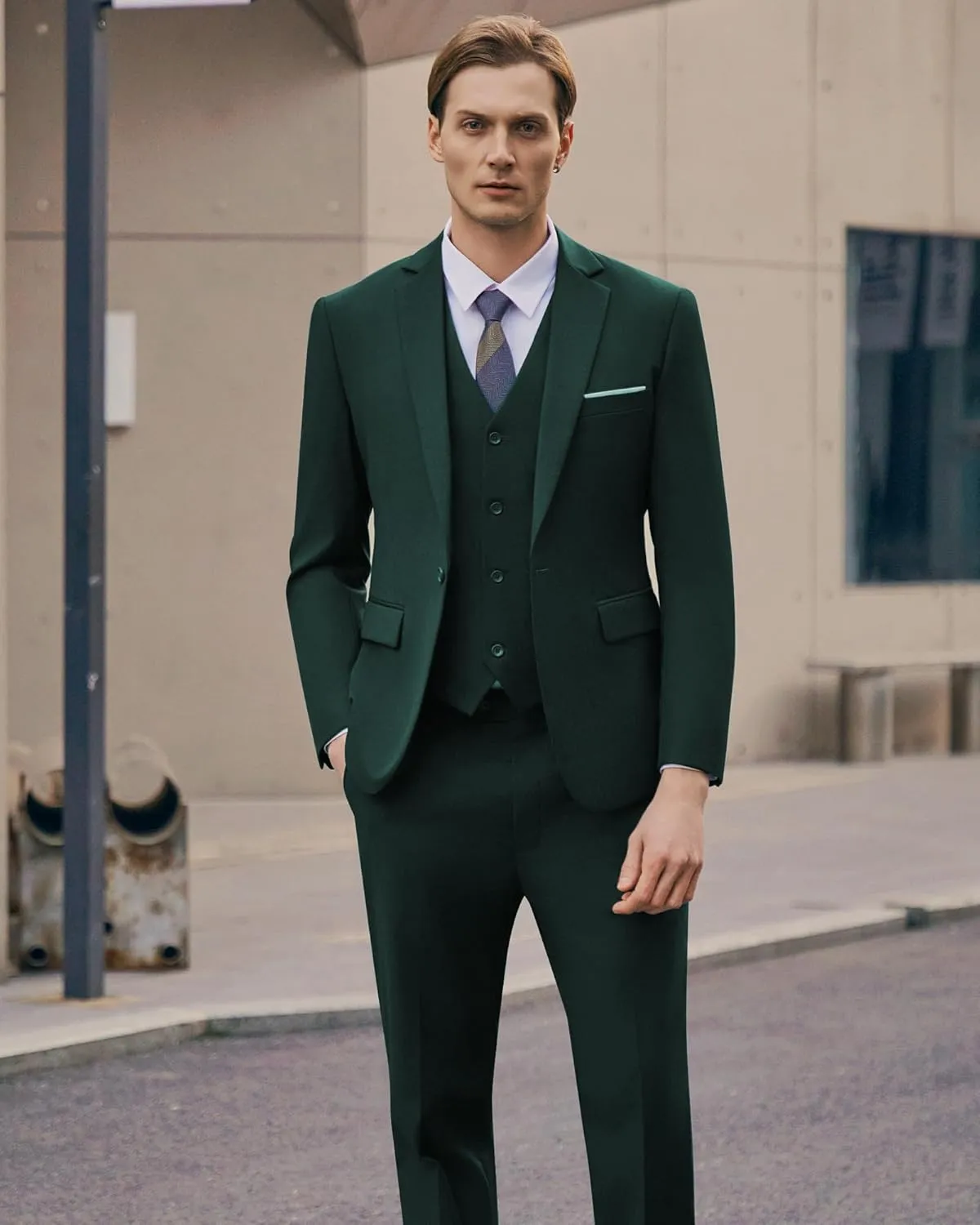 WULFUL Men's Slim Fit 3 Piece Suit, One Button Solid Blazer Business Party Jacket Vest Pants Set