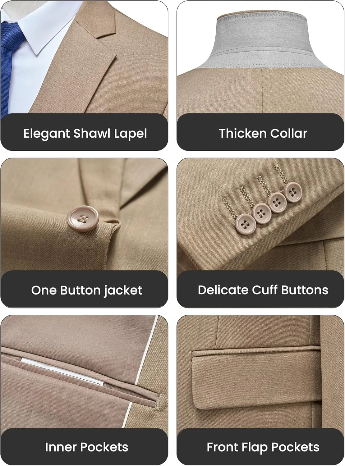 WULFUL Men's Slim Fit 3 Piece Suit, One Button Solid Blazer Business Party Jacket Vest Pants Set