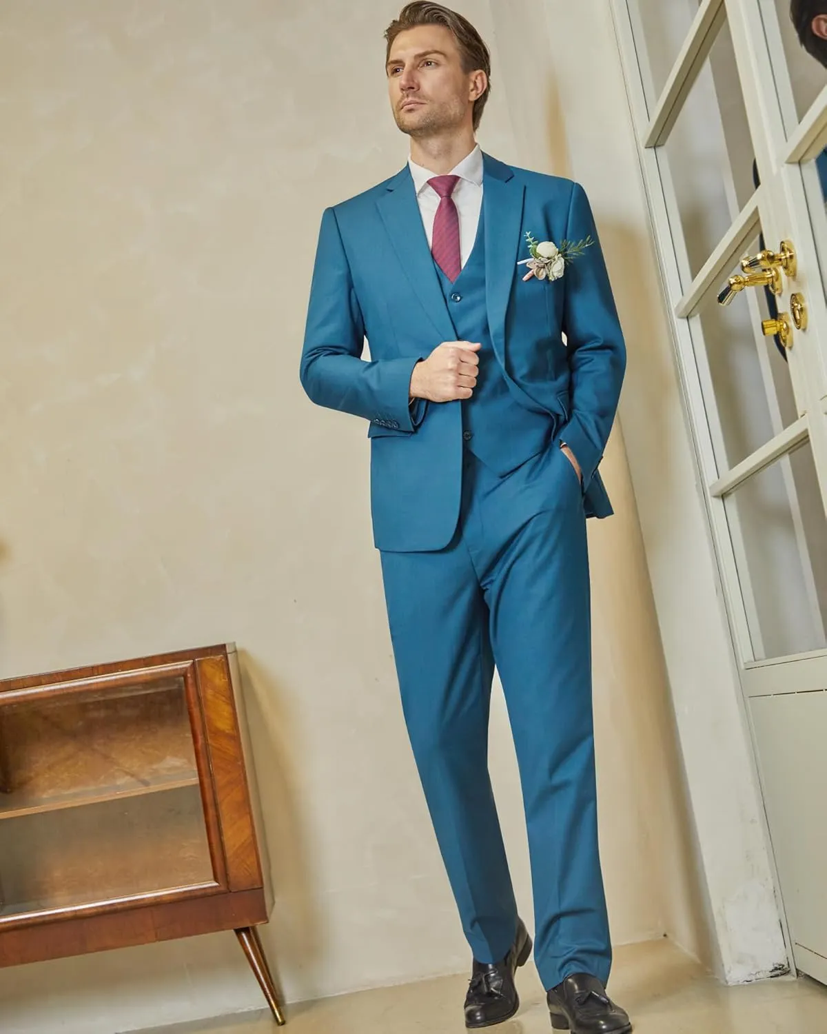 WULFUL Men's Slim Fit 3 Piece Suit, One Button Solid Blazer Business Party Jacket Vest Pants Set