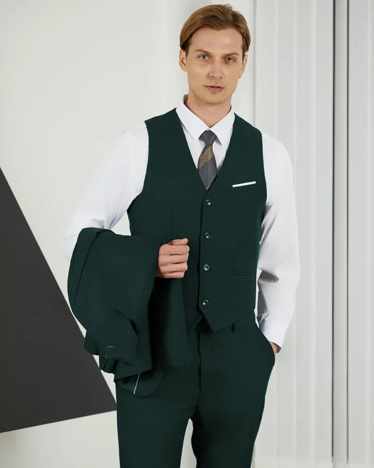 WULFUL Men's Slim Fit 3 Piece Suit, One Button Solid Blazer Business Party Jacket Vest Pants Set