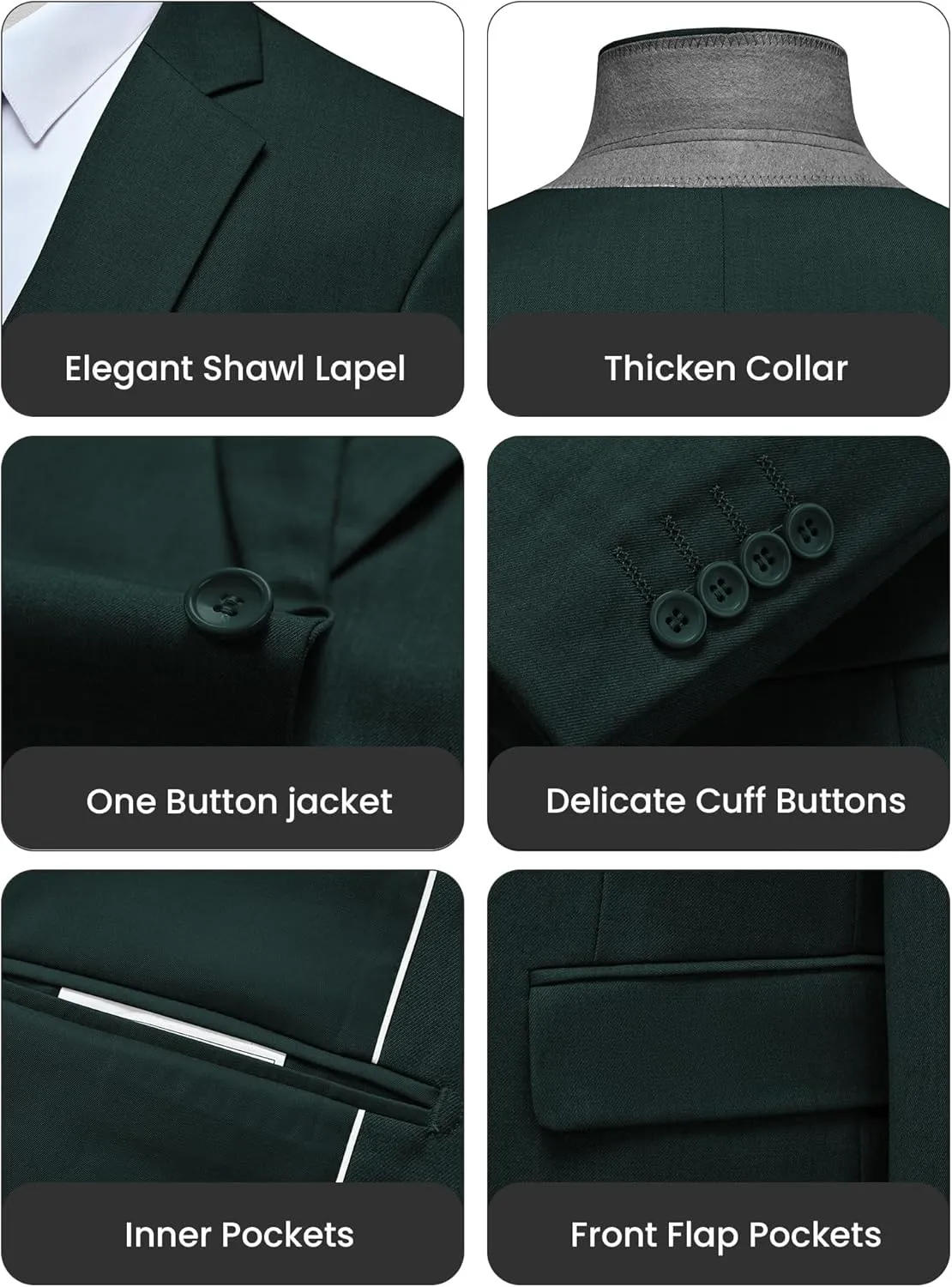 WULFUL Men's Slim Fit 3 Piece Suit, One Button Solid Blazer Business Party Jacket Vest Pants Set