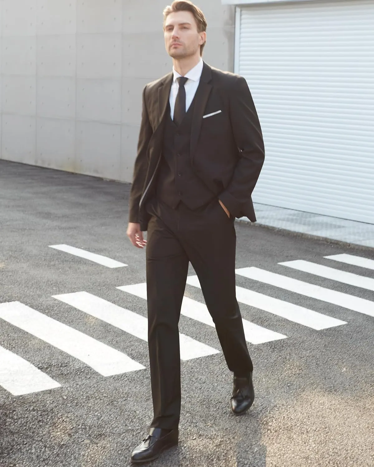 WULFUL Men's Slim Fit 3 Piece Suit, One Button Solid Blazer Business Party Jacket Vest Pants Set