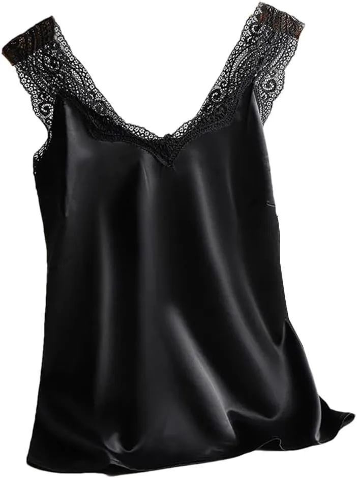 Wvapzxx Women Sexy V Neck Vest Satin Elasticity Lace Silk Tank Tops Basic Plus Size Camisole