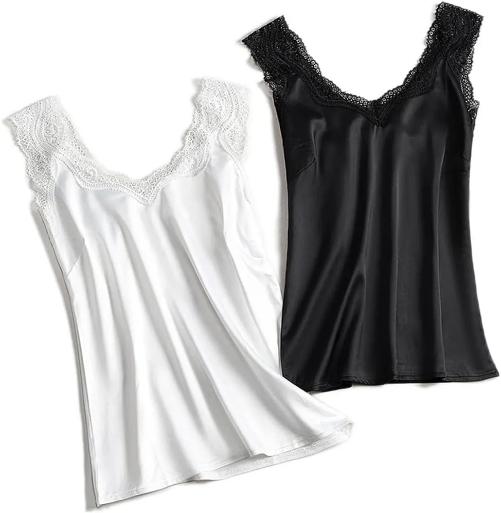 Wvapzxx Women Sexy V Neck Vest Satin Elasticity Lace Silk Tank Tops Basic Plus Size Camisole