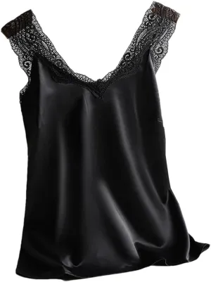 Wvapzxx Women Sexy V Neck Vest Satin Elasticity Lace Silk Tank Tops Basic Plus Size Camisole