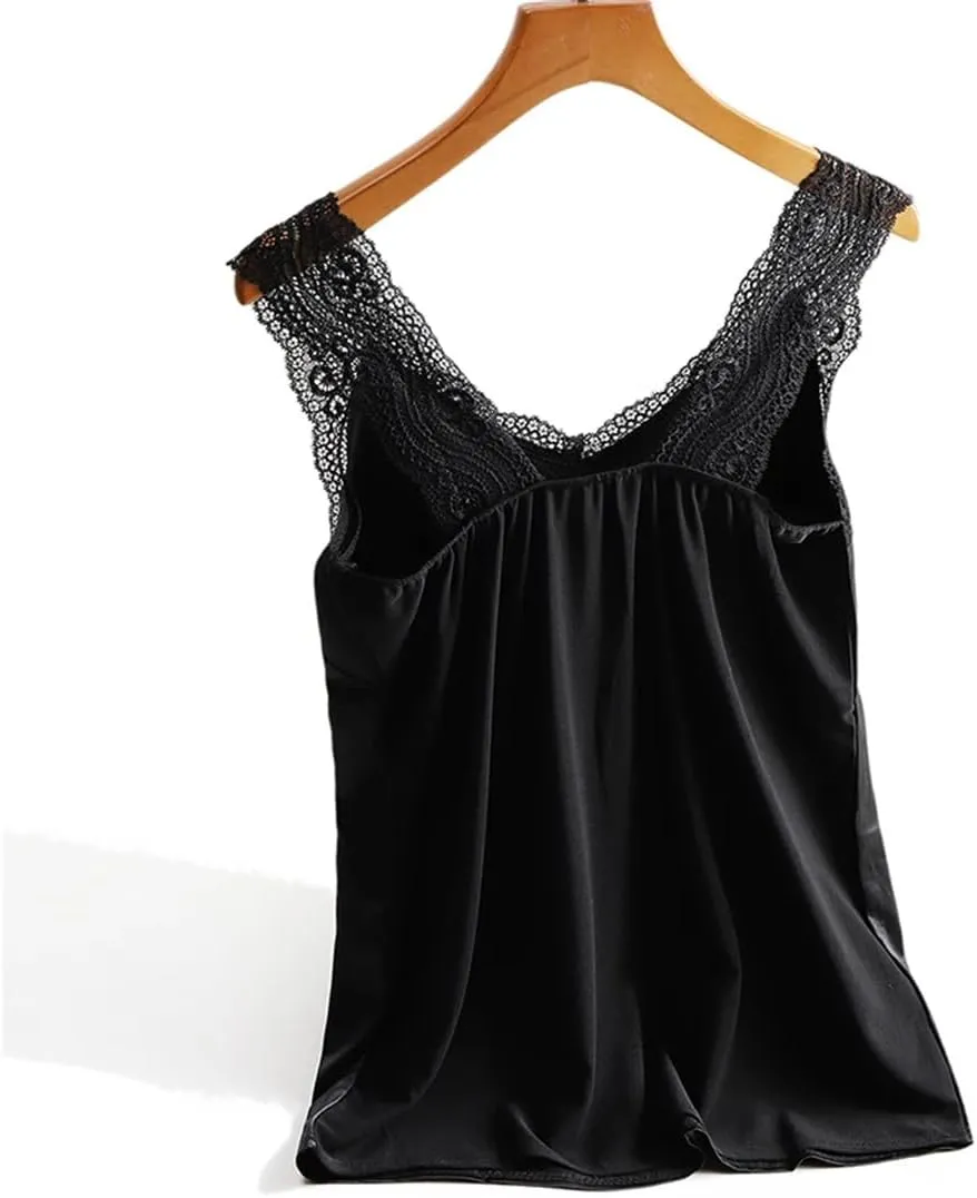 Wvapzxx Women Sexy V Neck Vest Satin Elasticity Lace Silk Tank Tops Basic Plus Size Camisole