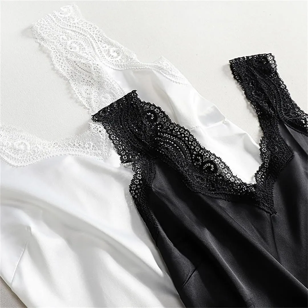 Wvapzxx Women Sexy V Neck Vest Satin Elasticity Lace Silk Tank Tops Basic Plus Size Camisole