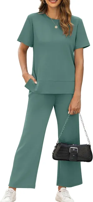 XIEERDUO Airport Outfits for Women Summer 2 Piece Lounge Set Spring Oversized Short Sleeve Tracksuit Wide Leg Loungewear Beach Vacation Clothes Travel Clothing Women's Cruise Wear Green XL