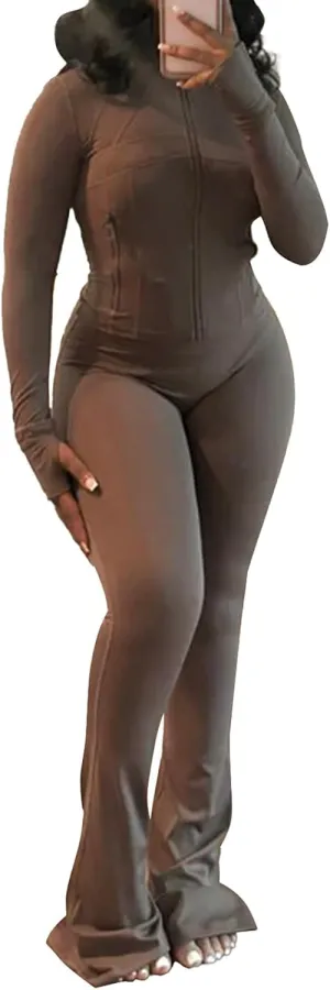 XZLUFNY Casual Workout Two Piece Outfits for Women Long Sleeve Tops Flare Pants Matching Sets