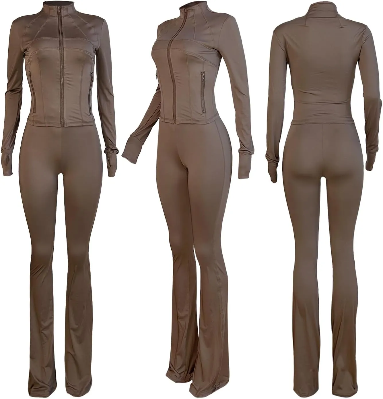 XZLUFNY Casual Workout Two Piece Outfits for Women Long Sleeve Tops Flare Pants Matching Sets