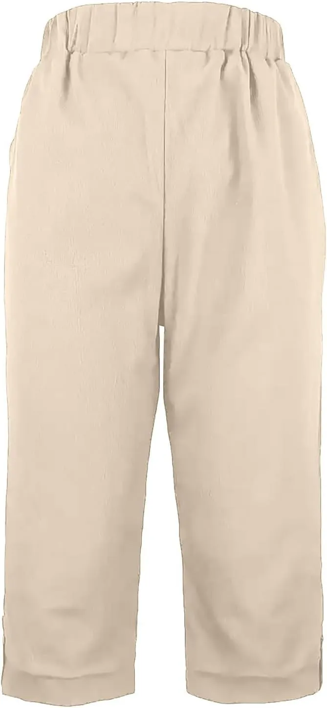 yardsong Capri Pants for Women Cotton Linen Summer Straight Wide Leg Capris Elastic Waist Cropped Trousers with Pockets