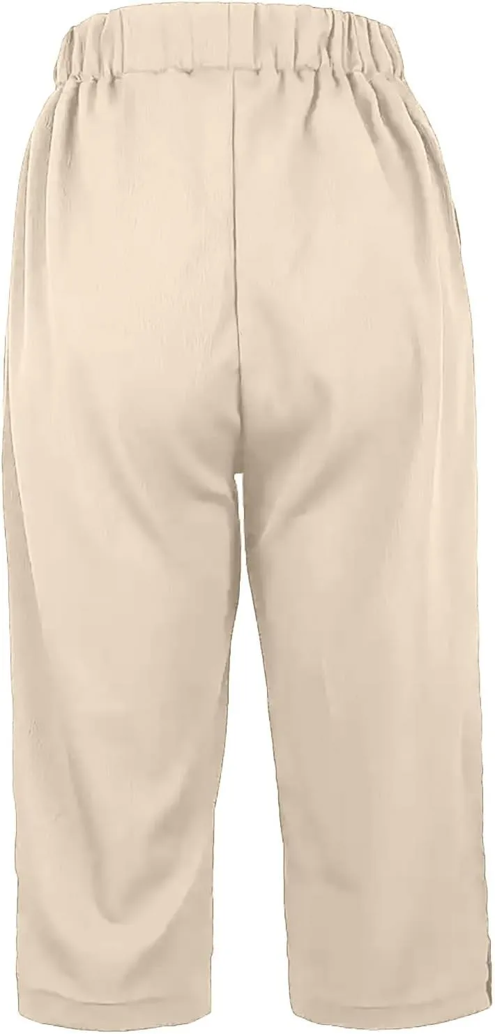 yardsong Capri Pants for Women Cotton Linen Summer Straight Wide Leg Capris Elastic Waist Cropped Trousers with Pockets
