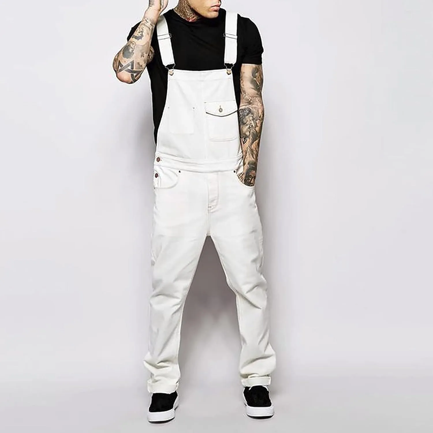Ymosrh Men's Chino Regular Jumpsuit Streetwear Pocket Suspender Trousers Khaki Cargo Pants