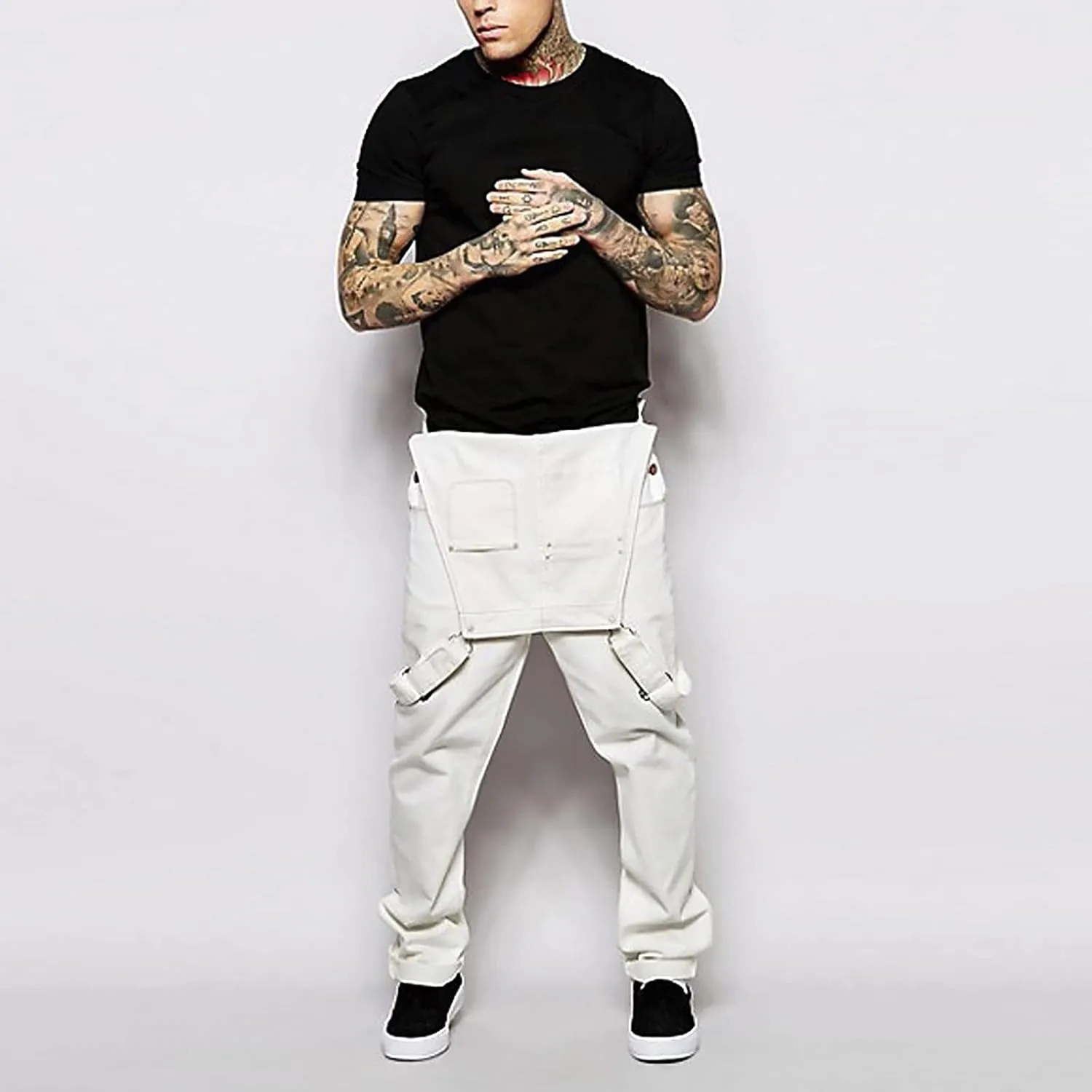 Ymosrh Men's Chino Regular Jumpsuit Streetwear Pocket Suspender Trousers Khaki Cargo Pants