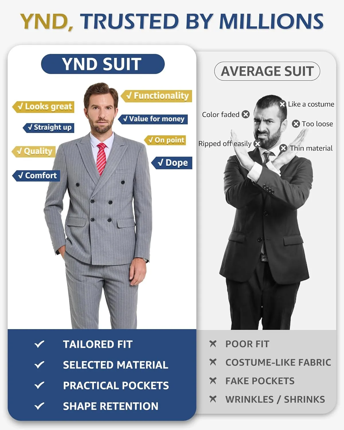 YND Men's 2 Piece Slim Fit Suit, Double-Breasted Stripe Tuxedo Set with Tie, Party Wedding Dress Blazer, Tux and Trousers