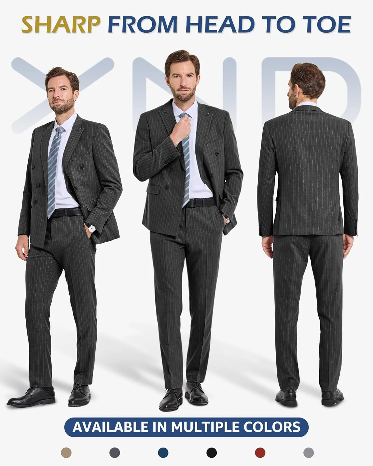 YND Men's 2 Piece Slim Fit Suit, Double-Breasted Stripe Tuxedo Set with Tie, Party Wedding Dress Blazer, Tux and Trousers