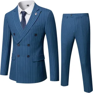 YND Men's 2 Piece Slim Fit Suit, Double-Breasted Stripe Tuxedo Set with Tie, Party Wedding Dress Blazer, Tux and Trousers