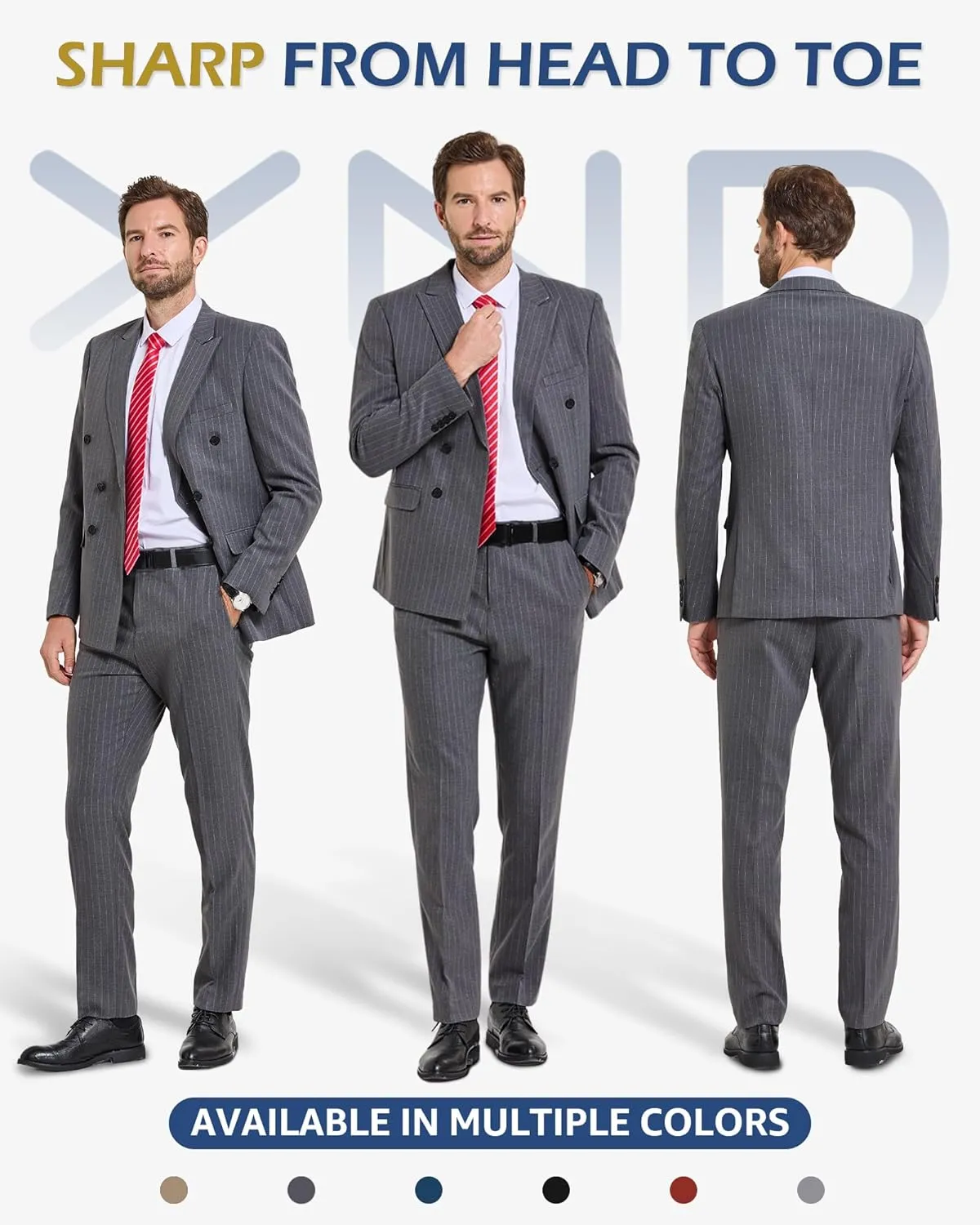 YND Men's 2 Piece Slim Fit Suit, Double-Breasted Stripe Tuxedo Set with Tie, Party Wedding Dress Blazer, Tux and Trousers