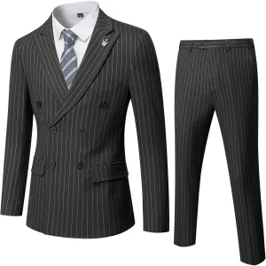 YND Men's 2 Piece Slim Fit Suit, Double-Breasted Stripe Tuxedo Set with Tie, Party Wedding Dress Blazer, Tux and Trousers