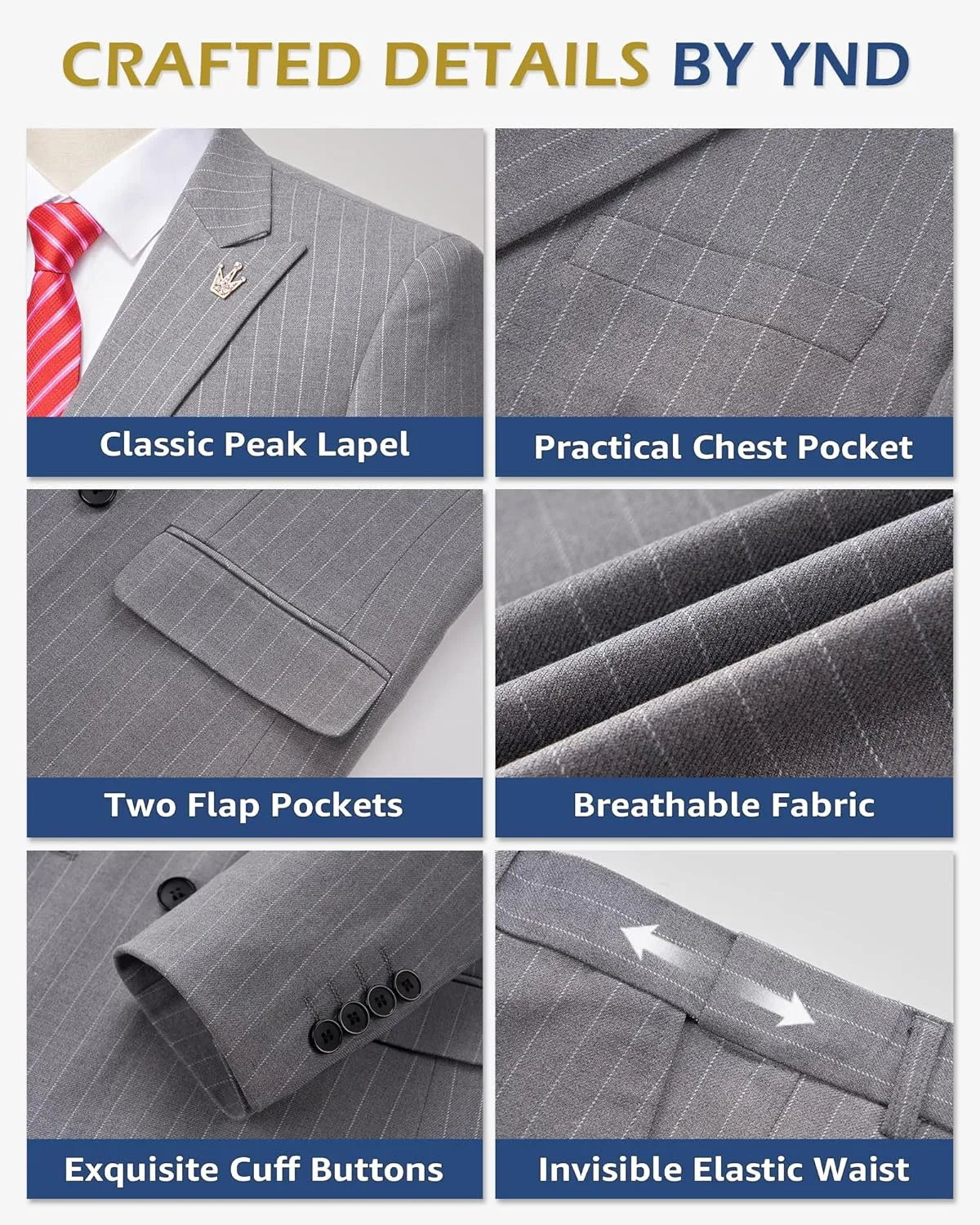 YND Men's 2 Piece Slim Fit Suit, Double-Breasted Stripe Tuxedo Set with Tie, Party Wedding Dress Blazer, Tux and Trousers