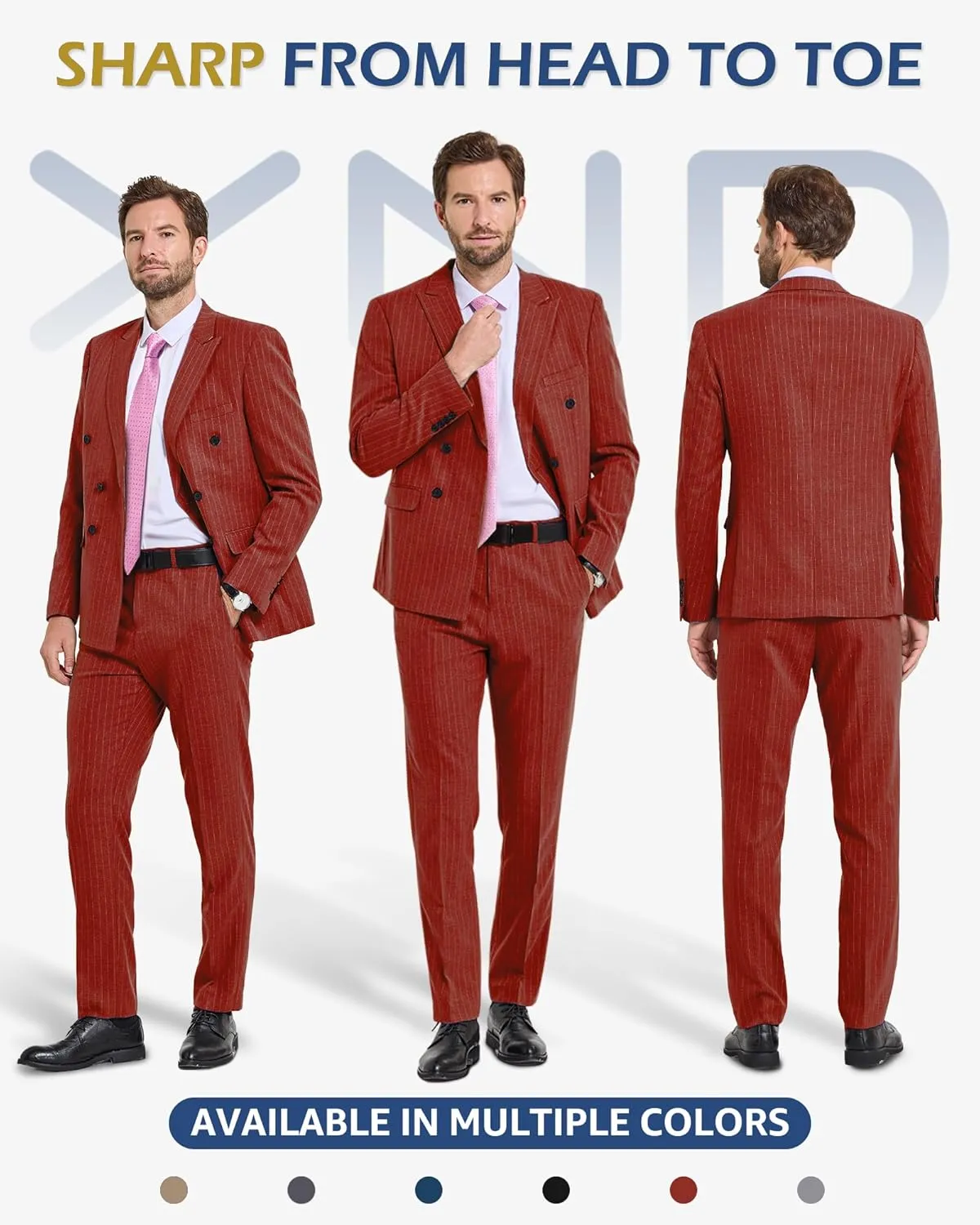 YND Men's 2 Piece Slim Fit Suit, Double-Breasted Stripe Tuxedo Set with Tie, Party Wedding Dress Blazer, Tux and Trousers