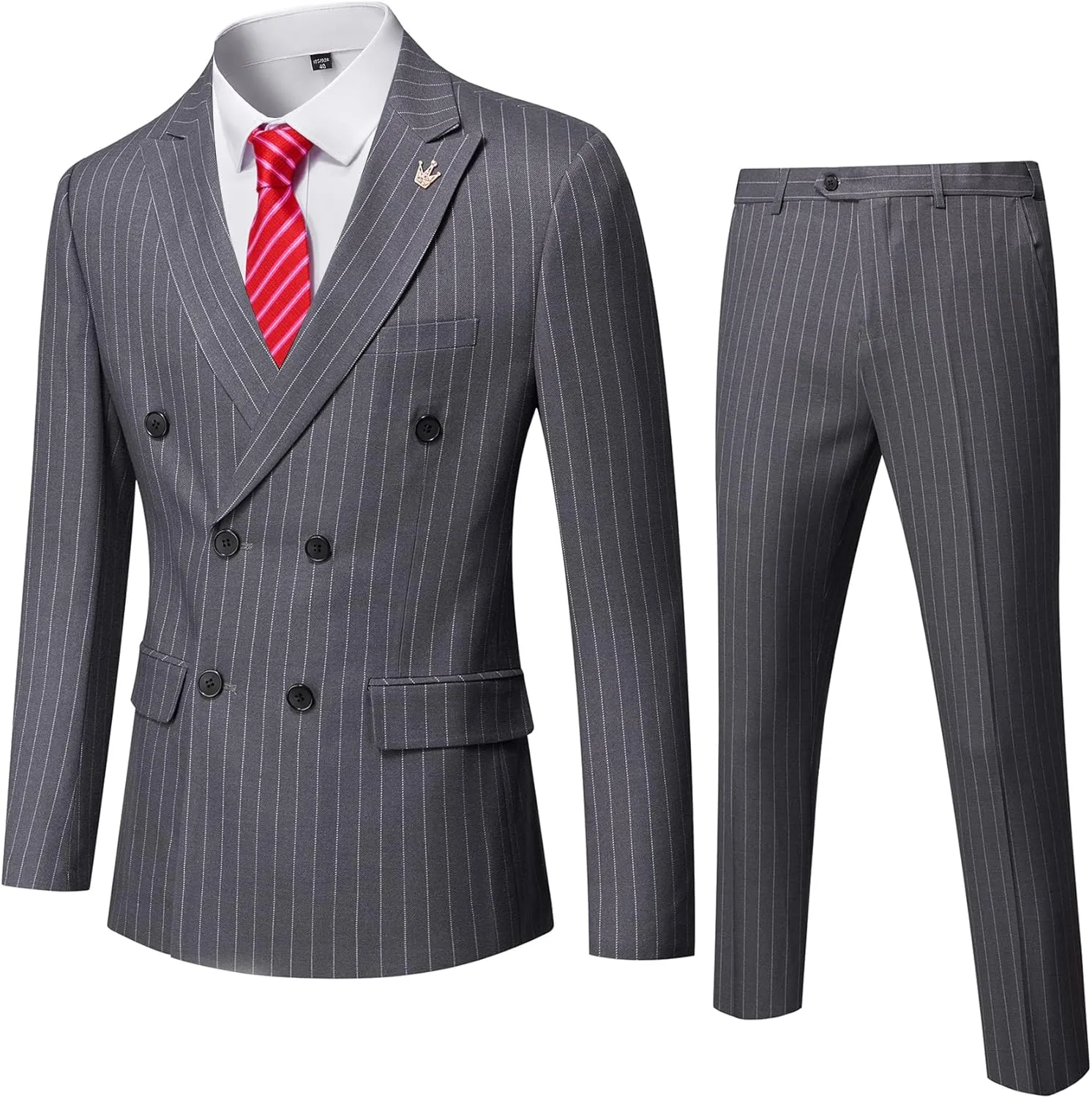 YND Men's 2 Piece Slim Fit Suit, Double-Breasted Stripe Tuxedo Set with Tie, Party Wedding Dress Blazer, Tux and Trousers