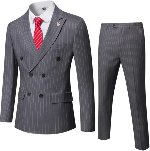 YND Men's 2 Piece Slim Fit Suit, Double-Breasted Stripe Tuxedo Set with Tie, Party Wedding Dress Blazer, Tux and Trousers