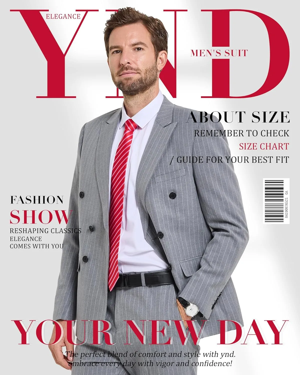YND Men's 2 Piece Slim Fit Suit, Double-Breasted Stripe Tuxedo Set with Tie, Party Wedding Dress Blazer, Tux and Trousers