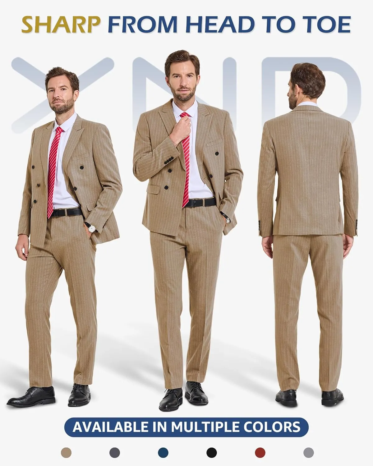 YND Men's 2 Piece Slim Fit Suit, Double-Breasted Stripe Tuxedo Set with Tie, Party Wedding Dress Blazer, Tux and Trousers