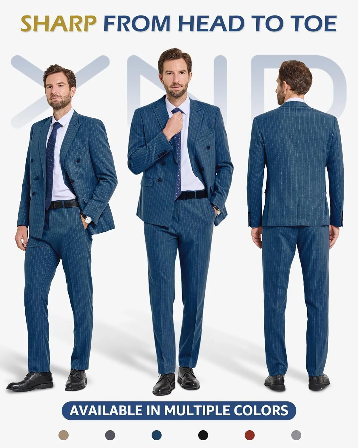 YND Men's 2 Piece Slim Fit Suit, Double-Breasted Stripe Tuxedo Set with Tie, Party Wedding Dress Blazer, Tux and Trousers