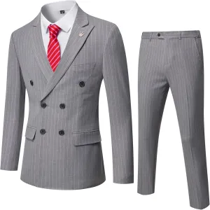 YND Men's 2 Piece Slim Fit Suit, Double-Breasted Stripe Tuxedo Set with Tie, Party Wedding Dress Blazer, Tux and Trousers