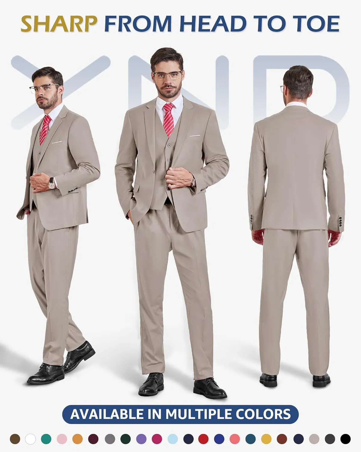 YND Men's Slim Fit 3 Piece Suit Set, One Button Solid Blazer Vest Pants with Tie
