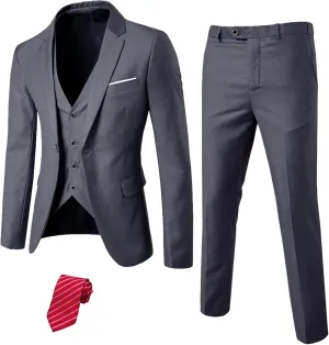 YND Men's Slim Fit 3 Piece Suit Set, One Button Solid Blazer Vest Pants with Tie