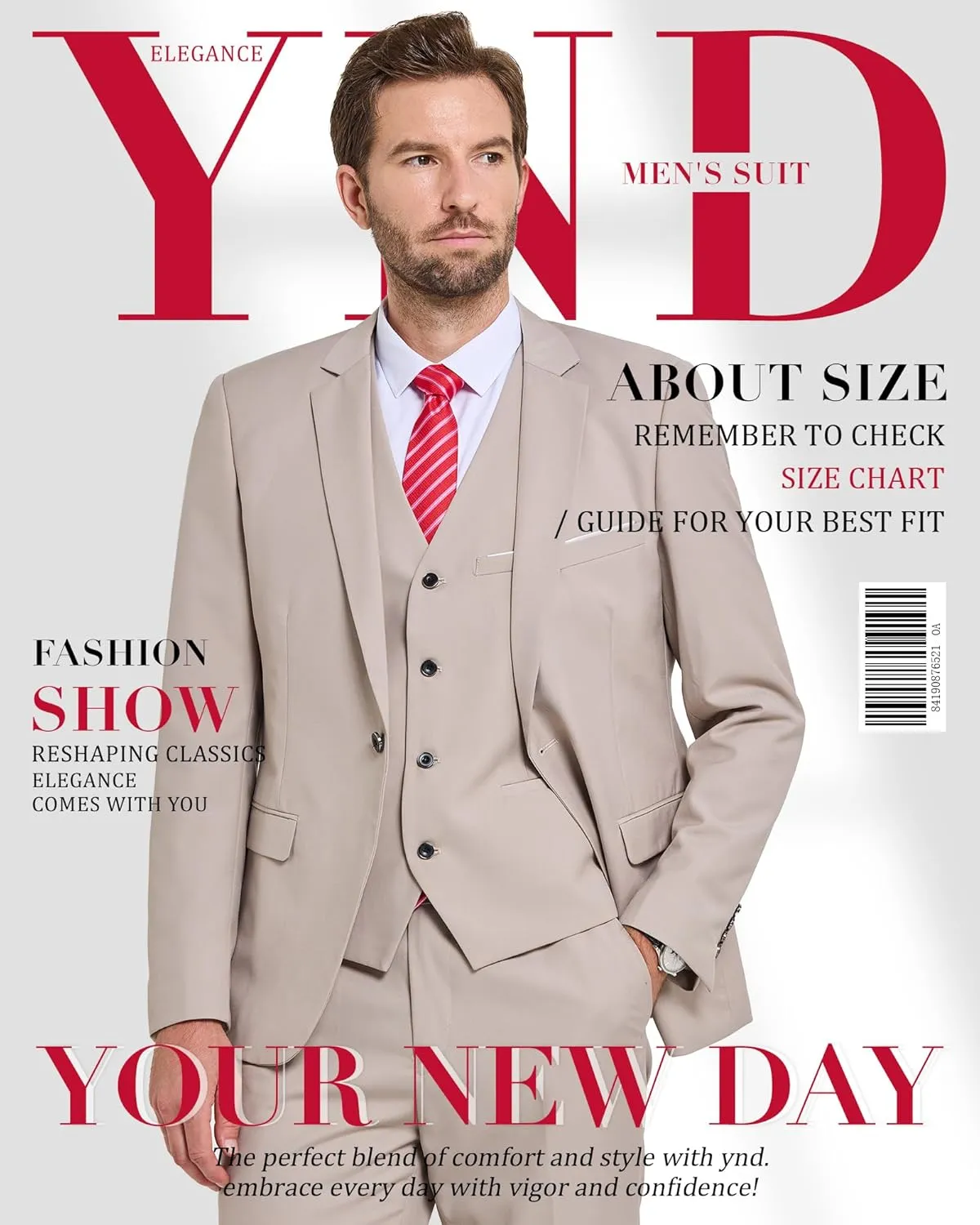 YND Men's Slim Fit 3 Piece Suit Set, One Button Solid Blazer Vest Pants with Tie