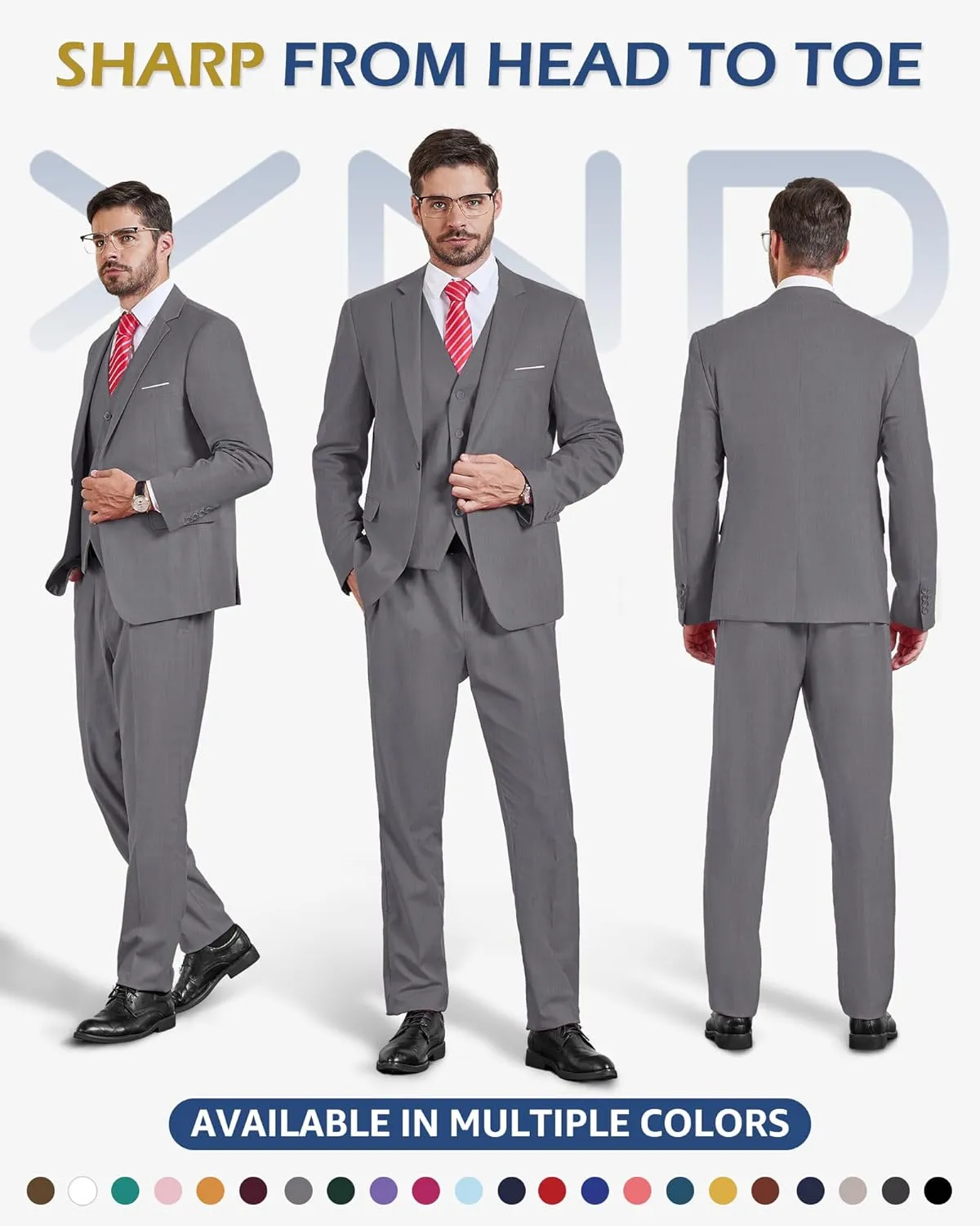 YND Men's Slim Fit 3 Piece Suit Set, One Button Solid Blazer Vest Pants with Tie