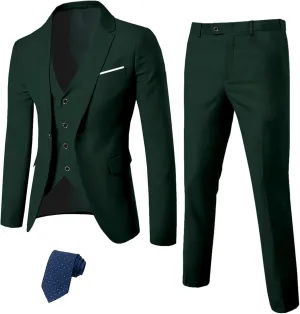 YND Men's Slim Fit 3 Piece Suit Set, One Button Solid Blazer Vest Pants with Tie