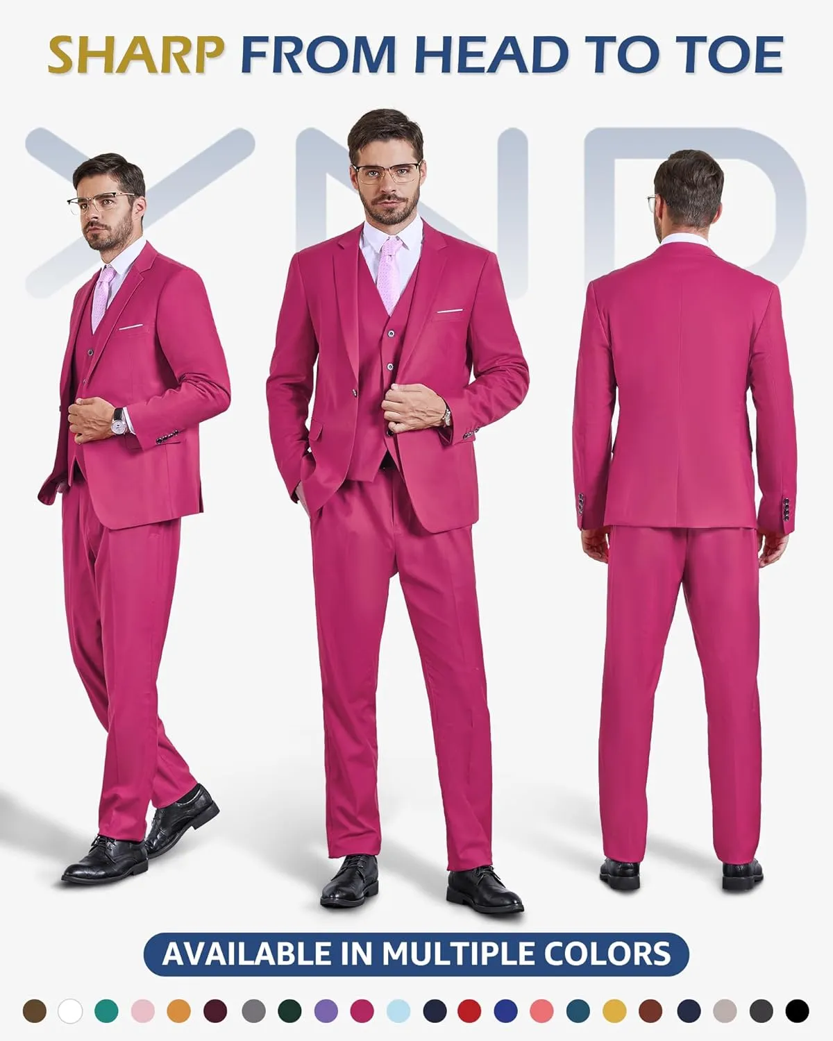 YND Men's Slim Fit 3 Piece Suit Set, One Button Solid Blazer Vest Pants with Tie