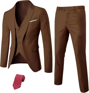 YND Men's Slim Fit 3 Piece Suit Set, One Button Solid Blazer Vest Pants with Tie