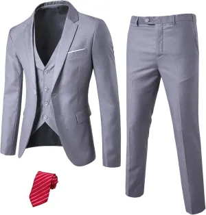 YND Men's Slim Fit 3 Piece Suit Set, One Button Solid Blazer Vest Pants with Tie