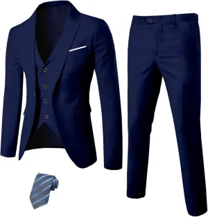 YND Men's Slim Fit 3 Piece Suit Set, One Button Solid Blazer Vest Pants with Tie