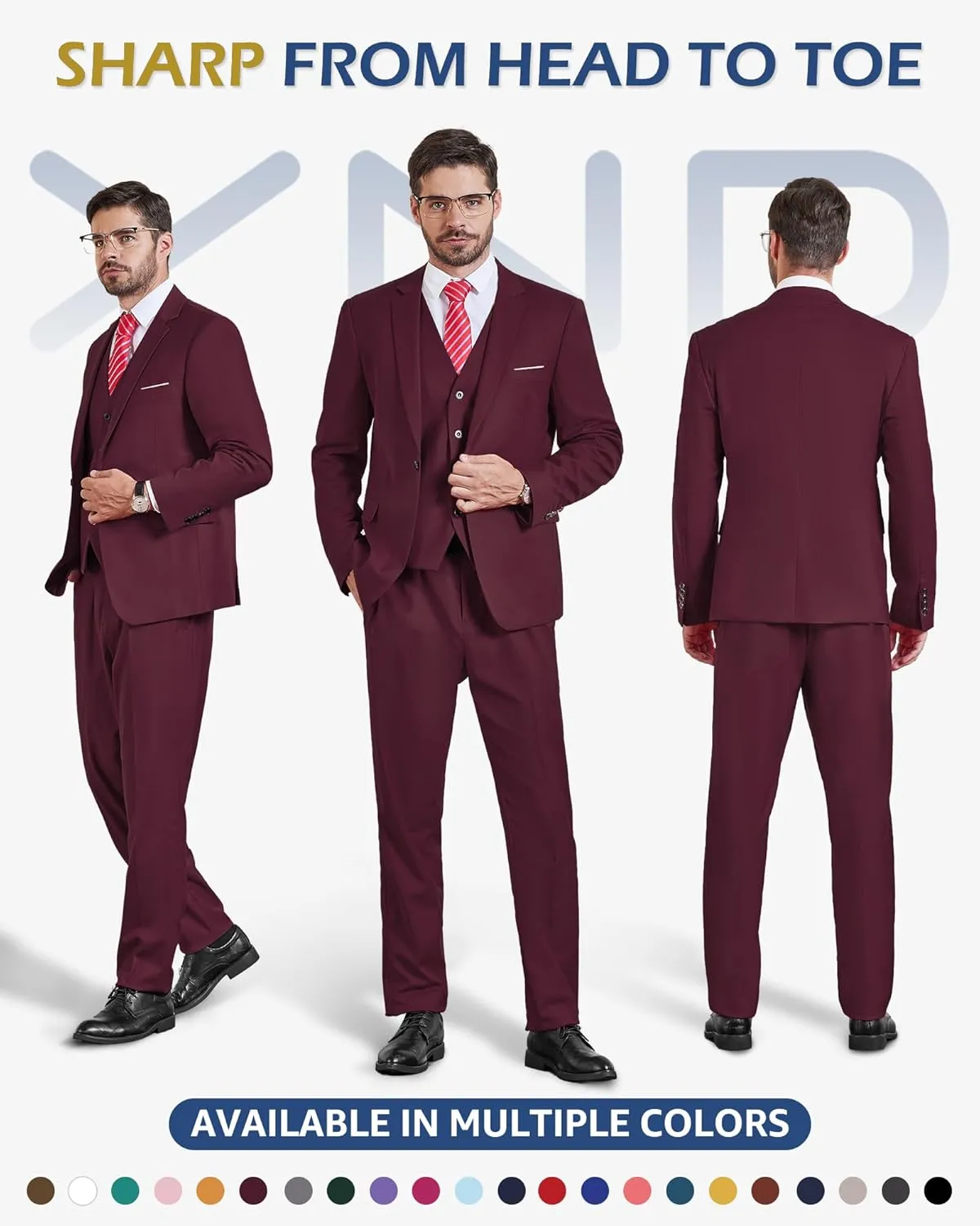 YND Men's Slim Fit 3 Piece Suit Set, One Button Solid Blazer Vest Pants with Tie
