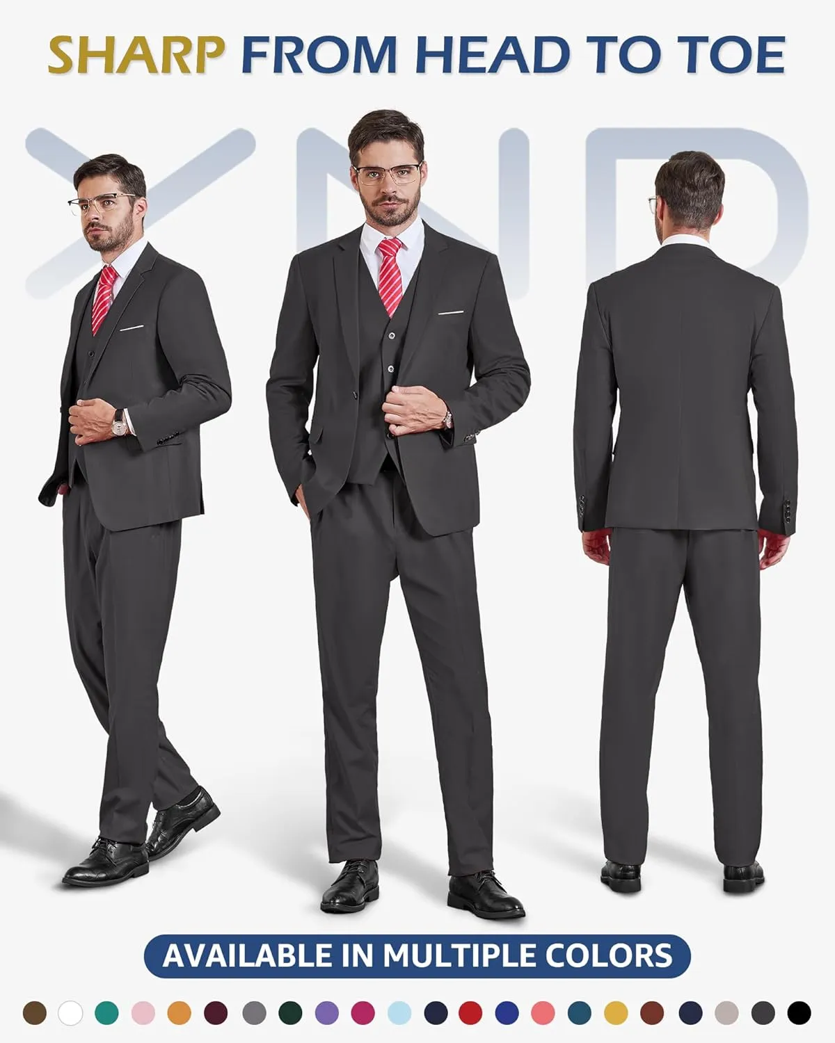YND Men's Slim Fit 3 Piece Suit Set, One Button Solid Blazer Vest Pants with Tie