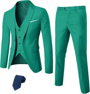 YND Men's Slim Fit 3 Piece Suit Set, One Button Solid Blazer Vest Pants with Tie
